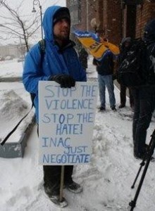 Greg Macdougall at a protest for the Algonquins of Barriere Lake at INAC (now AANDC) headquarters in Gatineau, Quebec on Jan 7, 2009.