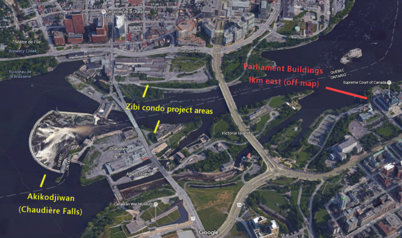 Approx. location of the Zibi condo development project at the sacred Akikodjiwan falls site on the Ottawa River, downtown Ottawa/Gatineau (Map: Google Maps, customized by IntercontinentalCry.org)