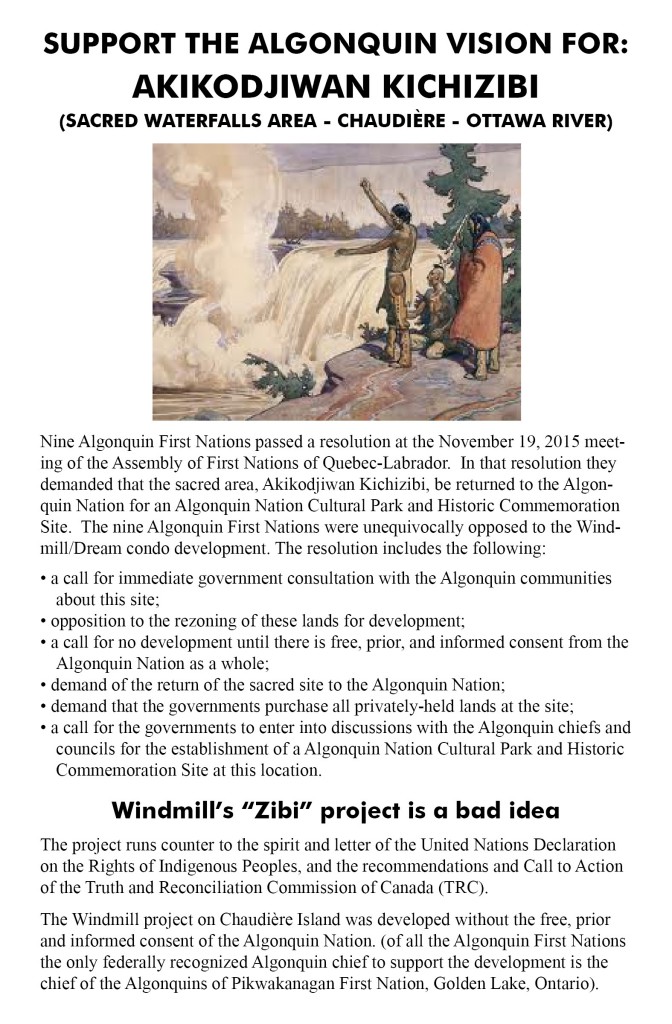 Cover page of handout to protect the sacred site - full 2-pg pdf (meant for printing double-sided and folding) at www.bit.ly/chaudiere-flyer