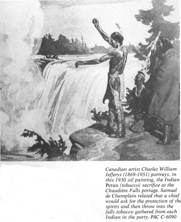 Charles William Jefferys 1930 painting of a tobacco sacrifice at Chaudière Falls (courtesy www.bytown.net)