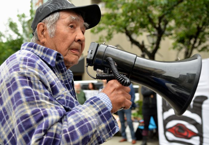 Wolverine in May 2015 at a protest against Imperial Metals in Vancouver. Photo credit: Murray Bush - flux photo