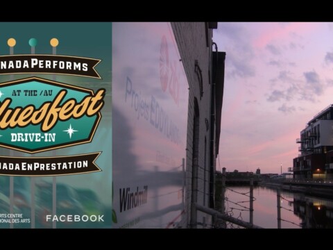 The Bluesfest drive-in promo logo beside a photo of the Zibi sign and island development