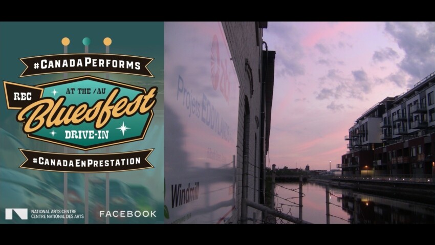 The Bluesfest drive-in promo logo beside a photo of the Zibi sign and island development