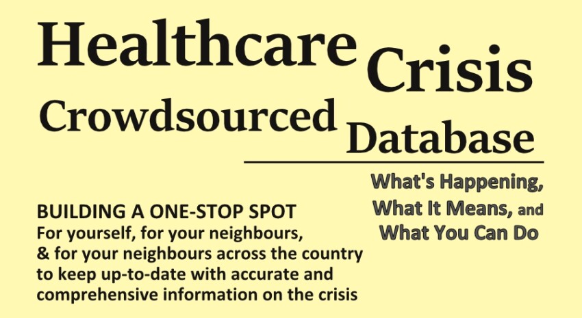 Image of text on a slightly yellowish-beige background: "Healthcare Crisis Crowdsourced Database - What's Happening, What It Means, and What You Can Do - Building a one-stop spot For yourself, for your neighbours, & for your neighbours across the country to keep up-to-date with accurate and comprehensive information on the crisis."
